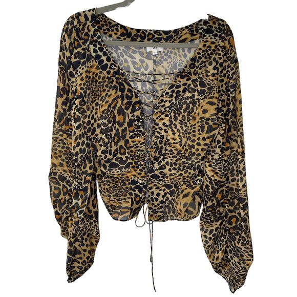 LPA Gerry Top Blouson Sleeves Lillia Leo Leopard Animal Print Party Sexy Sheer S - Picture 5 of 12